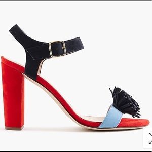 J Crew Colorblock Sandals with Pom Poms